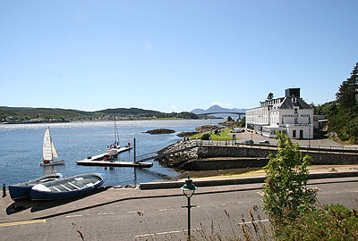 Looking down the pass on the Ise of Skye side of the crossing with the mountains of Glenelg in the distance